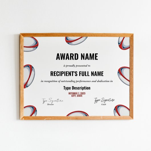 Rugby Excellence Award Certificate - Instant Poster