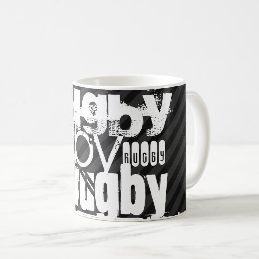 Rugby; Schwarze u. dunkelgraue Streifen Kaffeetasse (VorderseiteRechts)