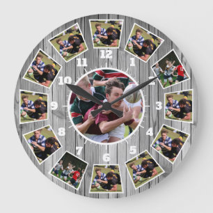 Rugby Wooden Effect Personalise Foto Collage Große Wanduhr