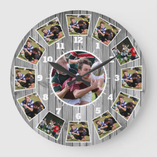 Rugby Wooden Effect Personalise Foto Collage Große Wanduhr