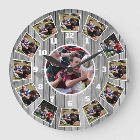 Rugby Wooden Effect Personalise Foto Collage Große Wanduhr (Vorderseite)