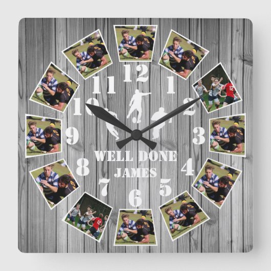 Rugby Wooden Effect Personalise Quadratische Wanduhr (Vorderseite)