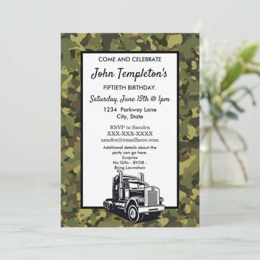Rugged Camouflage Truck Driver Camouflage Cool Geb Einladung (Stehend Vorderseite)