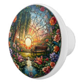 Ruhe auf der Glasbank und Blume auf festgehalten Keramikknauf (Rechts)