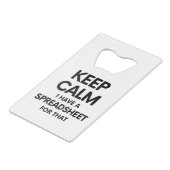 Ruhe behalten habe ich eine Tabellenkalkulation da Geldbeutel Flaschenöffner (Rückseite Schrägansicht)