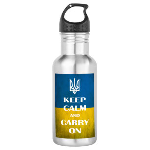 Ruhe behalten und das ukrainische Emblem-Trident w Edelstahlflasche