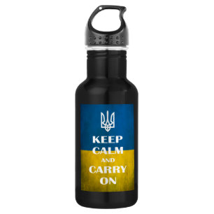 Ruhe behalten und das ukrainische Emblem-Trident w Edelstahlflasche