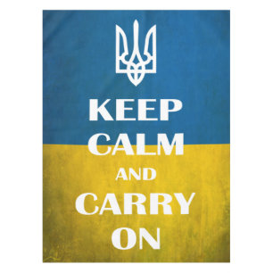 Ruhe behalten und das ukrainische Emblem-Trident w Tischdecke