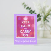 Ruhe bewahren und auf rosa Bokeh Postkarte tragen (Stehend Vorderseite)