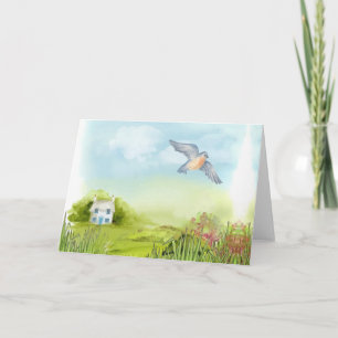 Ruhe blauer Vogel und kleine Hauslandschaft Feiertagskarte