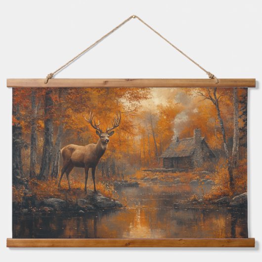 Ruhe Herbst Hirsche Kunst Wandteppich Mit Holzrahmen (Vorne)