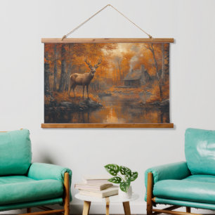 Ruhe Herbst Hirsche Kunst Wandteppich Mit Holzrahmen