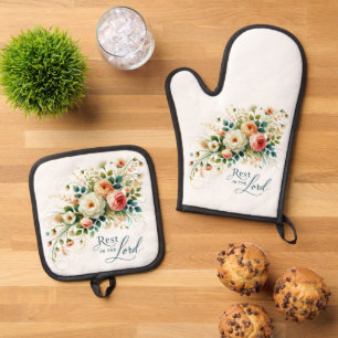 Ruhe im Herrn floral Ofenhandschuh & Topflappen-Set