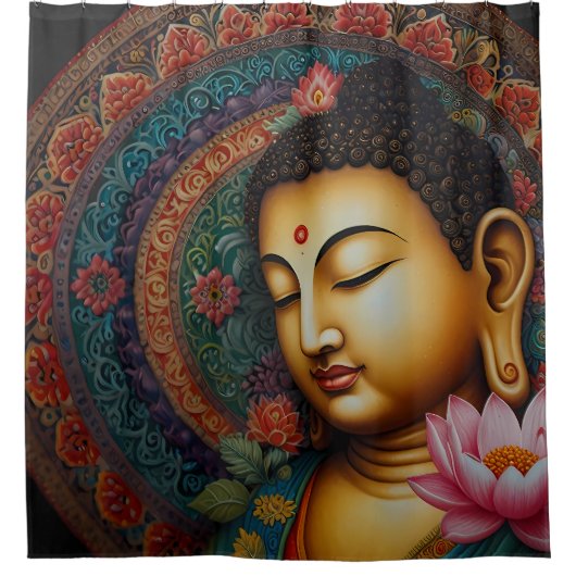 Ruhe in Symmetry: Buddha Mandala Badezimmer Duschvorhang (Vorderseite)