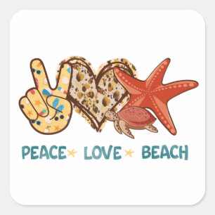 Ruhe, Liebe, Strand Friede, Herz, Schildkröte Quadratischer Aufkleber