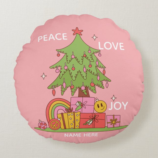 Ruhe, Liebe und Freude Retro Weihnachtsbaum Pink Rundes Kissen (Vorderseite)