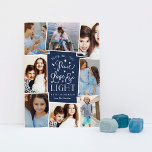 Ruhe, Liebe und Licht | Hanukkah Foto Collage Feiertagskarte<br><div class="desc">Eine schöne typografische Kundenkarte aus Hanukkah zeigt acht Ihrer beliebtesten Fotos in einem Collage Layout. "Wünscht Ihnen Ruhe,  Liebe und Licht diese Hanukkah und immer" erscheint in der Mitte in weißer Hand Schrift auf einem marineblau Hintergrund mit Sternen gezeichnet. Passen Sie Ihren individuellen Urlaubssegment und Familiennamen an.</div>