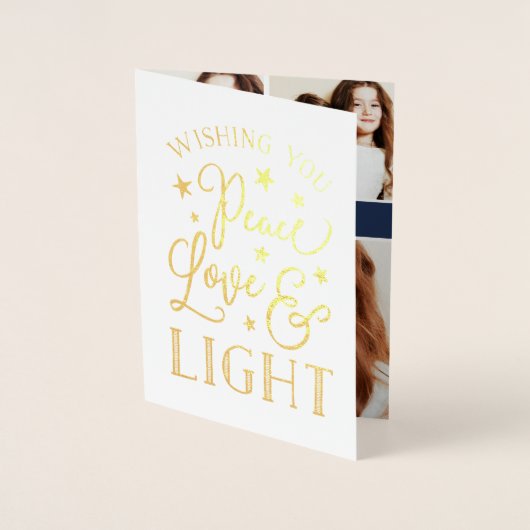 Ruhe, Liebe und Licht | Hanukkah Foto Collage Gold Folienkarte (Vorderseite)