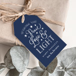 Ruhe, Liebe und Licht | Hanukkah Geschenkanhänger<br><div class="desc">Moderne typografische Geschenketiketts auf der Basis von Hanukkah bieten "Peace,  Liebe and Light" in weißer handgeschriebener Typografie mit Sternen. Passen Sie mit einem Namen und/oder personalisierten Hanukkah Gruß unter. Leere auf der Rückseite.</div>