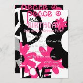 Ruhe, Liebe und Party in Schwarz und Rosa Einladung (Vorne/Hinten)