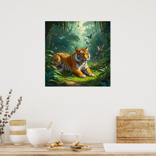 Ruhe Tiger im Dschungel mit Vogelmalerei Poster (Küche)