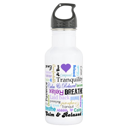 Ruhe und entspannenpositivworttypographie edelstahlflasche (Vorderseite)