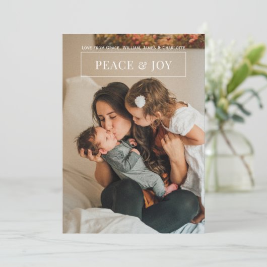 Ruhe und Freude Moderne weiße weiße Weihnachtskart Einladung (Stehend Vorderseite)