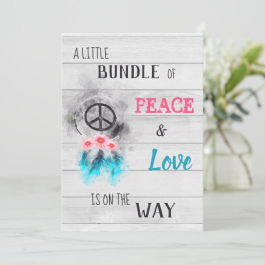 *~* Ruhe und Liebe Hippy Neutral Rustic Baby Dusch Einladung (Stehend Vorderseite)