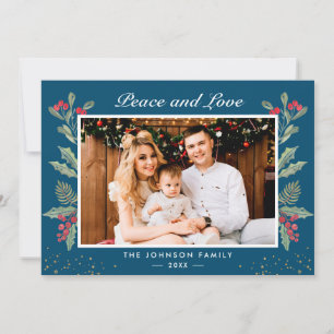 Ruhe und Liebe Winter Blue Holly Berries Foto Feiertagskarte