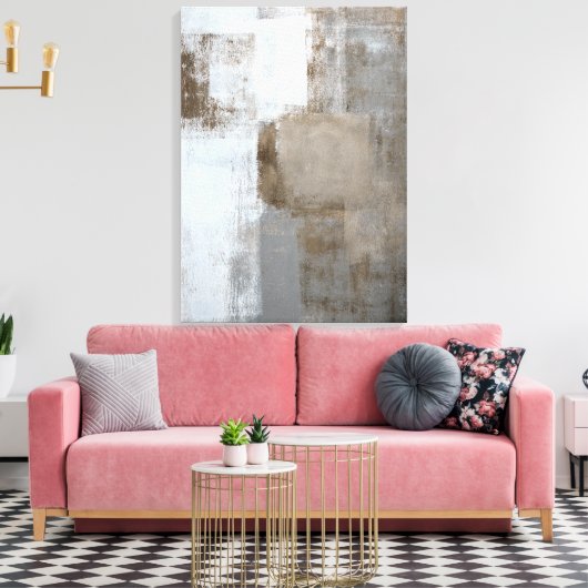 "Ruhe und Neutralität" Abstrakte Kunst in Grau und Leinwanddruck (Insitu (Wohnzimmer))