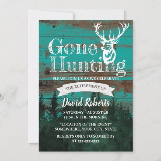 Ruhende Gone Jagd Rustikale Aquamarine Holzruhesta Einladung (Vorderseite)