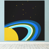 Ruhende Saturn farbenfrohe Ringe Sterne. Schwarzer Leinwanddruck (Insitu (Holzboden))