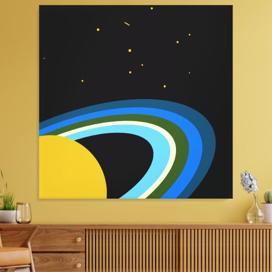 Ruhende Saturn farbenfrohe Ringe Sterne. Schwarzer Leinwanddruck (Insitu (Wohnzimmer))