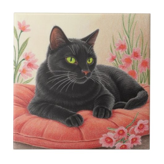 Ruhende schwarze Katze Fliese (Vorderseite)
