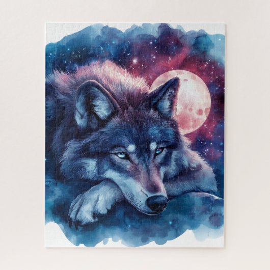 Ruhender Wolf unter dem kosmischen Mond Puzzle (Vertikal)