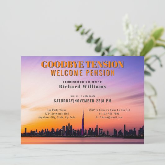 Ruhestand Auf Wiedersehen Tension City Skyline Einladung (Stehend Vorderseite)