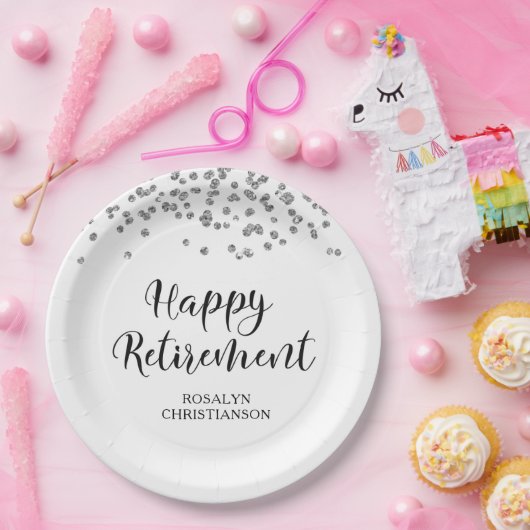 Ruhestand Black Silver Confetti Skriptname Pappteller (Party)