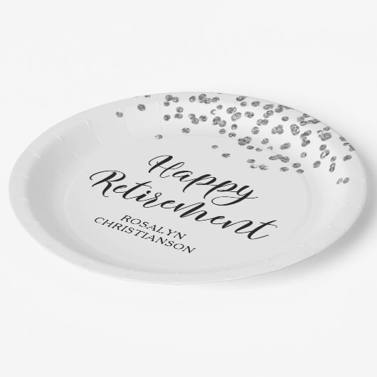 Ruhestand Black Silver Confetti Skriptname Pappteller (Schrägansicht)