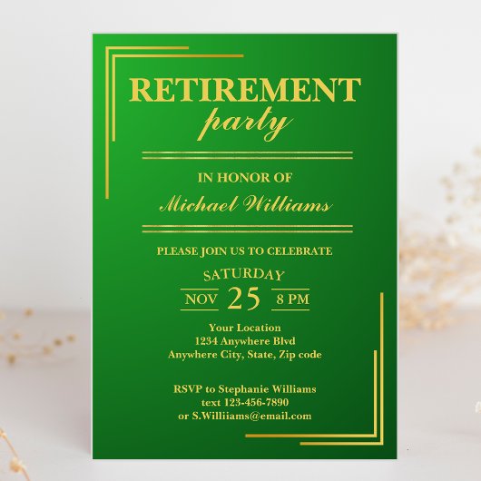 Ruhestand Corporate Elegante Green Gold Einladung
