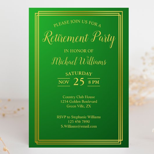 Ruhestand Corporate Elegante Green Gold Einladung