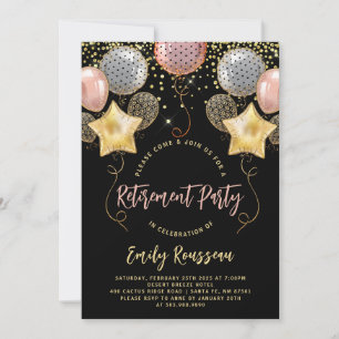 Ruhestand Feier Gold Konfetti Ballons Schwarz Einladung