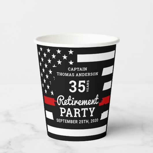 Ruhestand für Feuerwehrleute mit dünner roter Lini Pappbecher (Rückseite)