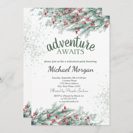 Ruhestand für Pine Tree Branch Berries Einladung (Vorne/Hinten)