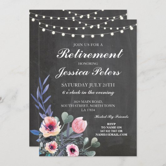 Ruhestand Geburtstag Rosa Blume Chalk Einladung (Vorne/Hinten)