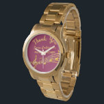 Ruhestand Gold Musiknoten burgundy Musiklehrer Armbanduhr<br><div class="desc">Einfaches und elegantes Ruhestandsgeschenk für eine Musiklehrerin! Ein klassischer bordeauxfarbener Hintergrund mit goldenen Imitaten Musiknoten. Vorlage für einen Namen,  und der folgende: Danke,  goldene Buchstaben. Vielen Dank,  dass Sie mit einem modernen handgeschriebenen Stil geschrieben sind.</div>