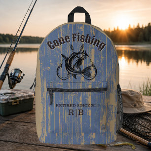 Ruhestand Gone Fishing Rentner Rustikales Holz Bedruckter Rucksack