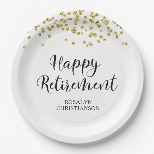 Ruhestand Modern Gold Confetti Name Pappteller (Vorderseite)