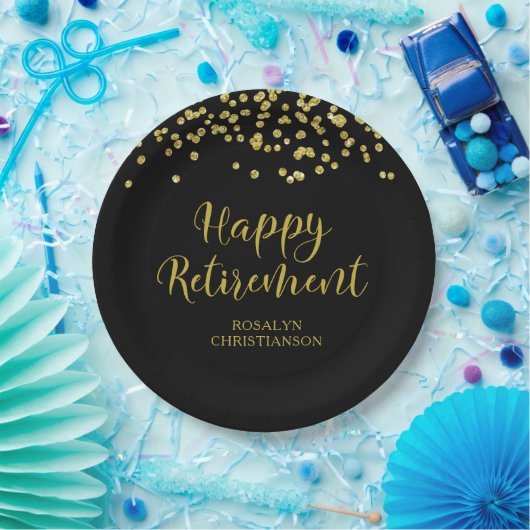 Ruhestand Modern Script Gold Confetti Name Pappteller (Party)