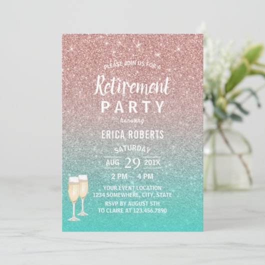 Ruhestand Modern Turquoise & Rose Gold Glitzer Einladung (Stehend Vorderseite)