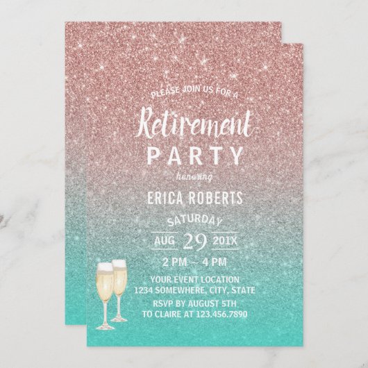 Ruhestand Modern Turquoise & Rose Gold Glitzer Einladung (Vorne/Hinten)
